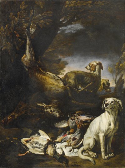 Erlegtes Wild bewacht von Hunden in einer Waldlandschaft von David de Coninck